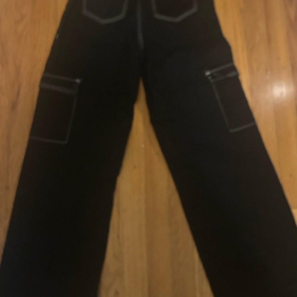 Womens Black jeans with white stitching cargo.